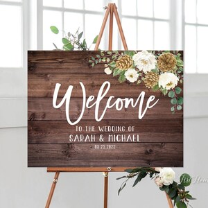 Winter Wedding Welcome Sign, Pine Cones and White Roses, Rustic Wedding Welcome Sign, Digital file, W1087