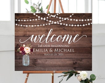 Welcome to Our Beginning Sign, Rustic Welcome Wedding Sign, Welcome To Our Wedding Sign, Landscape, String Lights, Burgundy W337