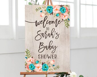 Rustic Baby Shower Welcome Sign, Teal Coral Baby Shower Welcome Sign, Large Welcome Sign, Rustic  Welcome Sign, W237