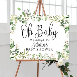 Oh Baby Welcome Sign, Greenery Baby Shower Welcome Sign, Eucalyptus Baby Shower, Horizontal, Landscape, Digital File, BS34-4