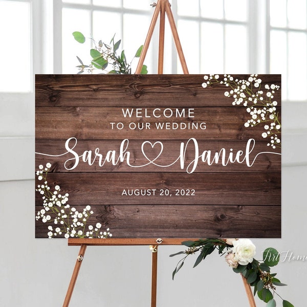 Baby’s Breath Wedding Welcome Sign, Rustic Welcome Wedding Sign, Gypsophila Wedding Welcome Sign, Digital file, W1103-1