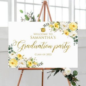 Graduation Party Welcome Sign, Yellow and Gold Graduation Welcome Sign, Grad Party Sign, Yellow and White Flowers, Digital file, W1141