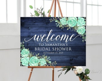 Navy Mint Bridal Shower Welcome Sign, Blue and Mint Bridal Shower Welcome Sign, Digital file, W99