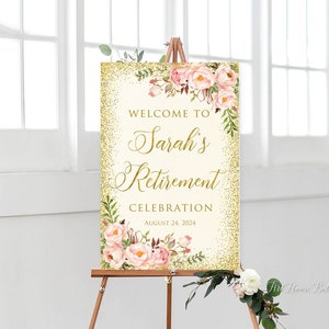 Retirement Party Sign, Retirement Celebration Welcome Sign, Blush and Gold Retirement Welcome Sign, Digital File, W1136-2