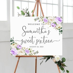 Lavender Sweet Sixteen Welcome Sign, Purple Birthday Sign, Purple Welcome to Sweet 16 Birthday, Digital file, W1263
