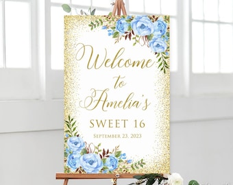 Könnte beinhalten: Willkommen zur Sweet 16 Party von Amelia mit blauen Blumen und goldenem Glitzerhintergrund. Das Datum ist der 23. September 2023.