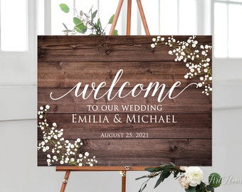 Rustic Welcome Wedding Sign, Baby’s Breath Welcome Wedding Sign, Horizontal Landscape Wedding Sign, Digital file, W310