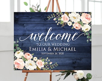 Rustic Navy Wedding Welcome Sign, Welcome To Our Wedding Sign, Blush and Navy Wedding Sign, Horizontal, Landscape, Digital file, W758-1