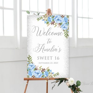 Blue Sweet 16 Welcome Sign, Blue Welcome to Sweet Sixteen Birthday Sign, Blue 16th Birthday Welcome Sign, Blue Silver, Digital File, W1188-1