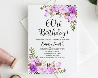 60th Birthday Invitation, Any Age Women Birthday Invitation, Purple Birthday Invitation, #BW101