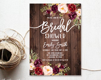 Brautparty-Einladung, Blumen-Brautparty-Einladung, Boho Brautparty einladen, Brautparty druckbare, Burgund, #W86