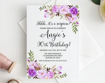 Surprise 90th Birthday Invitation, Any Age Women Birthday Invitation, Floral Purple Womens Birthday Invitation, Purple Birthday, #BW101