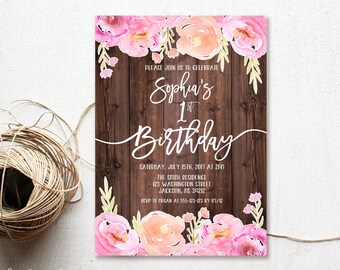 Einladung zum 1. Geburtstag, Einladung zum ersten Geburtstag, rustikale Einladung zum 1. Geburtstag, Mädchen, rosa, F23