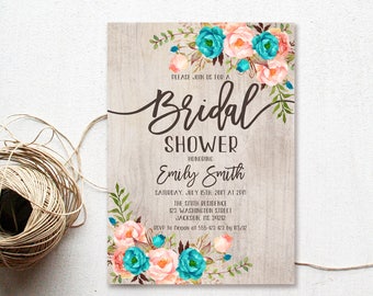 Bridal Shower Invitation, Rustic Floral Coral and Teal Bridal Shower Invitation,  Bridal Shower Invitation, Watercolor Invitation W237