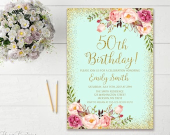 50th Birthday Invitation, Any Age Women Birthday Invitation, Floral Mint Adults Birthday Invitation, Boho Women Birthday Invite, #BW01-50