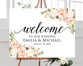 Welcome Wedding Sign, Welcome To Our Wedding Sign, Horizontal Landscape Wedding Sign Template, Blush and White Flowers, W862