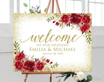 Gold and Red Wedding Welcome Sign, Welcome To Our Wedding Sign, Landscape Wedding Sign Template, Red Roses, W768-2