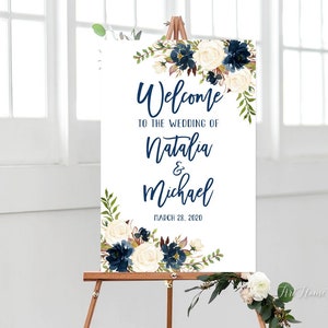 Signo de bienvenida de boda, signo de boda de la marina, bienvenido a nuestro signo de boda, flores blancas y marinas, signo imprimible, archivo digital W756