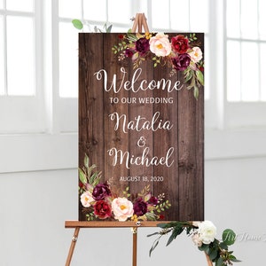 Welcome Wedding Sign, Rustic Wedding Welcome Sign, Welcome To Our Wedding Sign, Burgundy and Blush Flowers, Printable, Digital File, W786