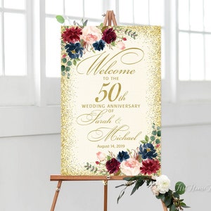 50 Jahre Jubiläum Willkommensschild, 50 Jahre Jubiläum Dekoration, Gold Burgunder Jubiläumsschild, druckbares Willkommensschild, Navy Jubiläum, W594