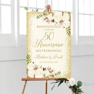 Bienvenidos a Nuestro 50 Aniversario Matrimonial, bord 50e verjaardag, decoratie 50e verjaardag, witte bloemen, Spaans bord, W704-5