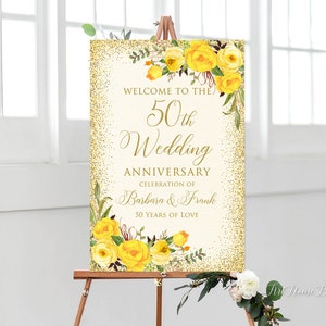 50th Anniversary Welcome Sign, 50th Anniversary Decoration, Gold Anniversary Sign, Printable Welcome Sign, Yellow Roses, W715-1
