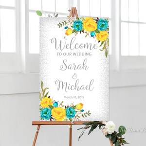 Signo de boda de bienvenida amarillo y verde azulado, signo de boda de bienvenida, bienvenido a nuestro signo de boda, verde azulado y amarillo, plata, archivo digital, W778
