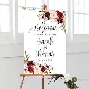 Welcome To Our Wedding Sign, Burgundy Welcome Wedding Sign, Large Welcome Sign, Wedding Signs Printable, Marsala Wedding Sign, W67