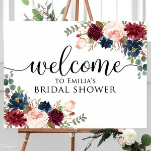 Welcome Bridal Shower Sign, Marsala Bridal Shower Welcome Sign, Large Welcome Sign, Landscape Sign, Burgundy, Navy, Digital file, W411
