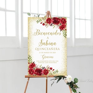 Quinceañera Welcome Sign, Bienvenidos Quinceañera Sign, Large Welcome Sign, Red and Gold Welcome Sign, Printable  Sign, Red Flowers, W768