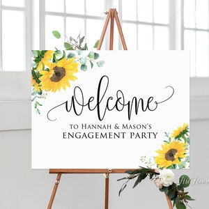 Signo de fiesta de compromiso de girasol, signo de bienvenida de compromiso, bienvenido a nuestro signo de compromiso, signo de bienvenida de girasol, archivo digital, W1032