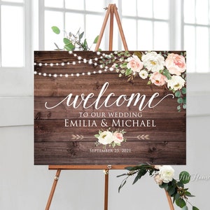 Rustic Welcome Wedding Sign, String Lights Wedding Sign, Blush and White Flowers, Digital file, W943