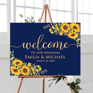 Sunflowers Navy Wedding Welcome Sign, Blue Welcome Wedding Sign, Welcome To Our Wedding Sign, Landscape Wedding Sign, Digital file, W1028