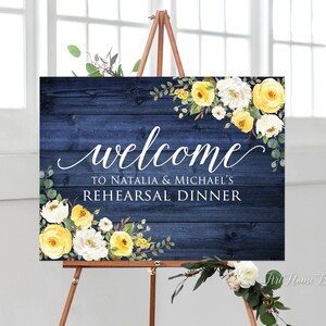Signo de bienvenida de la cena de ensayo rústico de la Marina, signo de boda de ensayo, signo de paisaje, flores amarillas y blancas, W957