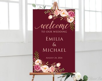 Burgundy Wedding Welcome Sign, Rose Gold Wedding Sign, Burgundy Welcome Sign, Rose Gold Welcome Sign, Digital File, W602-1