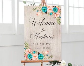 Rustic Baby Shower Welcome Sign, Teal Coral Baby Shower Welcome Sign, Large Welcome Sign, Rustic Welcome Sign, W238