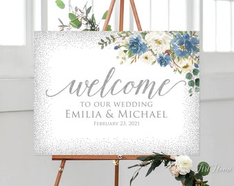 Dusty Blue Wedding Welcome Sign, Welcome To Our Wedding Sign, Blue and Silver Wedding Welcome Sign, Landscape, W905