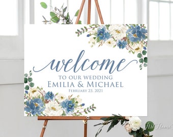 Dusty Blue Wedding Welcome Sign, Welcome To Our Wedding Sign, Landscape, W906