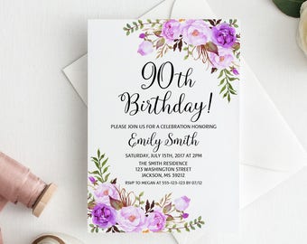 90th Birthday Invitation, Any Age Women Birthday Invitation, Floral Purple Womens Birthday Invitation, Purple Birthday, #BW101