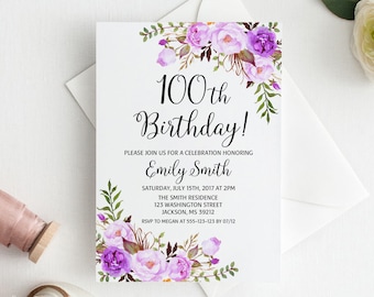100th Birthday Invitation, Any Age Women Birthday Invitation, Floral Womens Birthday Invitation, Purple, #BW101