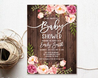Baby Shower Invitation, Rustic Floral Baby Shower Invitation,  Baby Shower Invitation, Watercolor Baby Shower Invite, Blush Pink, #BS26