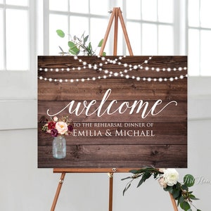 Rustikales Probeessen Willkommensschild, Hochzeitsschild, Hochzeitsschild, Willkommensschild, Landschaft, Burgund, Lichterkette, Einmachglas, W337