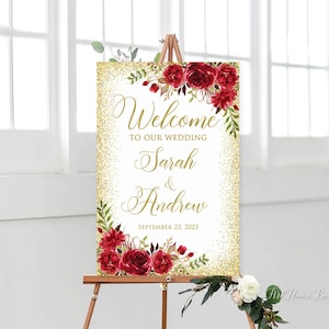 Red and Gold Wedding Welcome Sign, Red Welcome Sign, Digital file, W1430