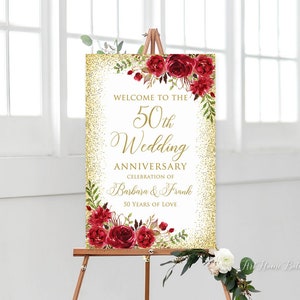 50th Anniversary Welcome Sign, 50th Anniversary Decoration, Gold Anniversary Sign, Printable Welcome Sign, Red Roses, Digital file, W1430-1