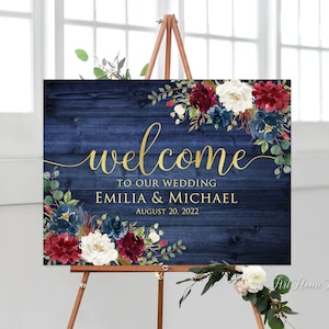 Rustic Welcome Wedding Sign, Welcome To Our Wedding Sign, Burgundy Navy White Wedding Sign, Marsala Blue Gold, Digital file, W1037