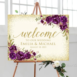 Eggplant Wedding Welcome Sign, Welcome To Our Wedding Sign, Purple Welcome Sign, Landscape, Ivory and Purple Wedding, Digital file, W866