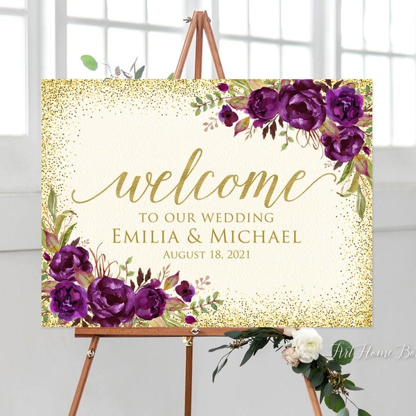 Panneau de bienvenue de mariage aubergine, Bienvenue dans notre mariage, panneau de bienvenue violet, paysage, mariage ivoire et violet, fichier numérique, W866