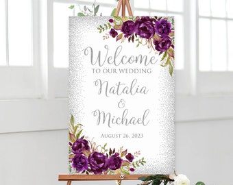 Eggplant Wedding Welcome Sign, Purple Welcome Wedding Sign, Large Welcome Sign, Purple Silver Wedding Signs Printable, Digital File, W464