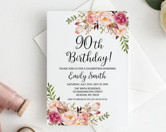 90th Birthday Invitation, Any Age Women Birthday Invitation, Floral Womens Birthday Invitation, Blush Pink Invitation, #BW99