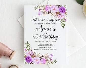 Surprise 40th Birthday Invitation, Any Age Women Birthday Invitation, Floral Purple Womens Birthday Invitation, Purple Birthday, #BW101